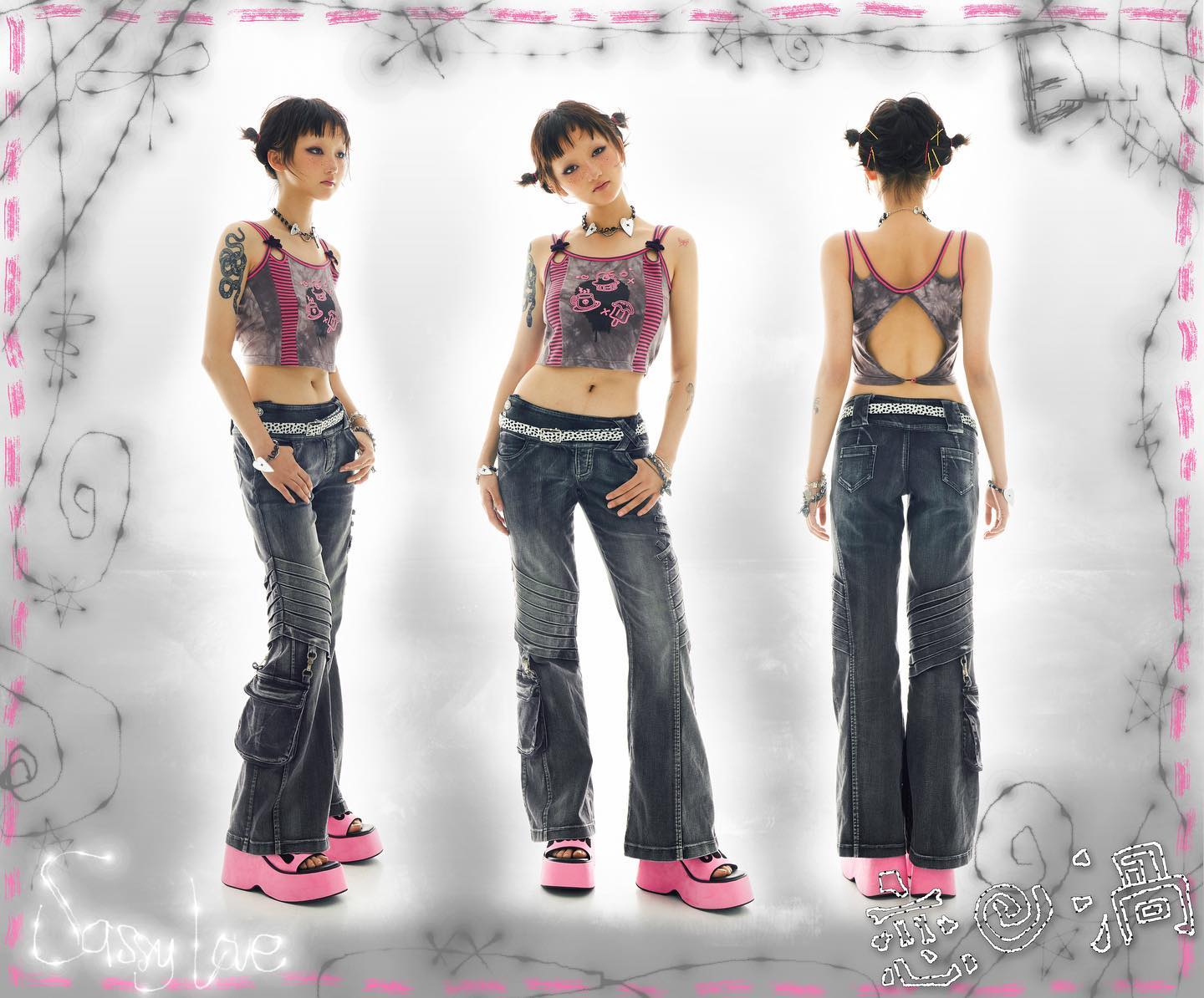 the image shows a young asian woman modeling three different poses in a set of grey cargo pants and a pink and grey cropped tank top. the setting is a studio shot against a white background with a pink and grey graffitistyle border. the model is wearing chunky pink platform shoes and accessorized with a necklace, bracelets, and belts.  her hair is styled in two short pigtails.  the overall style is reminiscent of grunge, punk, and y2k fashion trends.