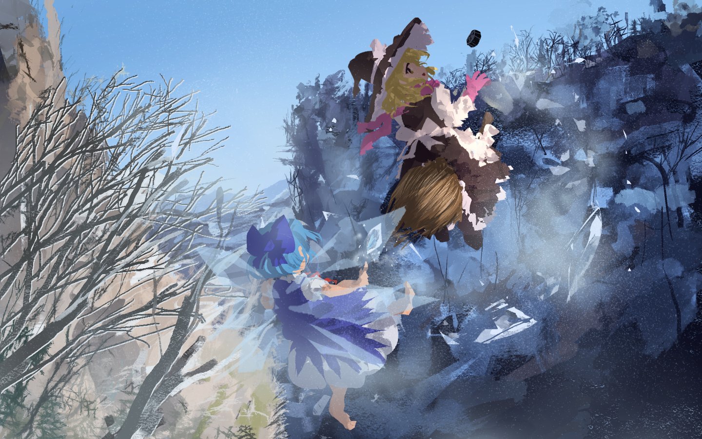 the image is a digital painting depicting a dynamic scene from the touhou project universe. two characters, cirno (the fairy) and marisa kirisame (the witch), are engaged in a midair confrontation amidst a snowy mountainous landscape. cirno, with her characteristic blue hair and fairy wings, is seen flying upwards, while marisa, on her broom, descends. the background is a dramatic winter scene, with barren, snowcovered trees and rocky formations. the overall style is vibrant and imaginative, combining elements of anime and fantasy art.  the color palette emphasizes blues and whites, reflecting the cold winter setting, while the characters' costumes and movements add a sense of action and energy. the scene suggests a magical battle, highlighting the contrasting styles and abilities of the two characters. the artwork is filled with detail and movement, suggesting a dynamic and powerful moment captured in time.