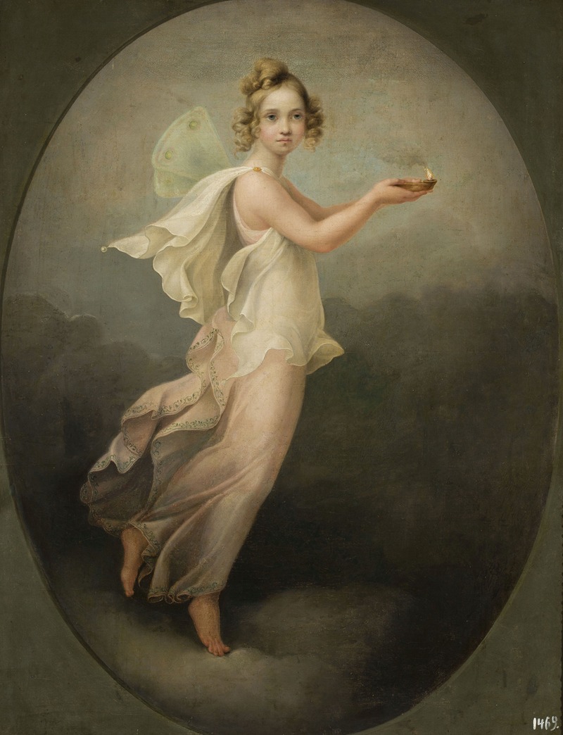 a portrait painting of a young woman with blonde hair, depicted as a fairy, set against a dark, cloudy background. she is floating, wearing a light, flowing dress and delicate wings. she holds a small object emitting light in her hands. the artwork is framed in an oval shape.