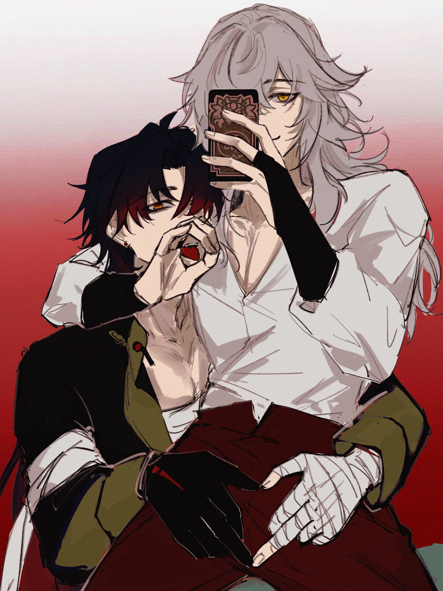 the image is of two anime boys, one with white hair and yellow eyes and the other with black hair and red eyes. the boy with white hair is holding a phone and taking a selfie, while the boy with black hair is looking at the camera and smiling. the boys are hugging and looking happy. the boy with white hair is wearing a white shirt and the boy with black hair is wearing a black jacket,  red pants, and a bandaged arm. they appear to be a loving couple, and the overall mood of the image is happy and romantic.