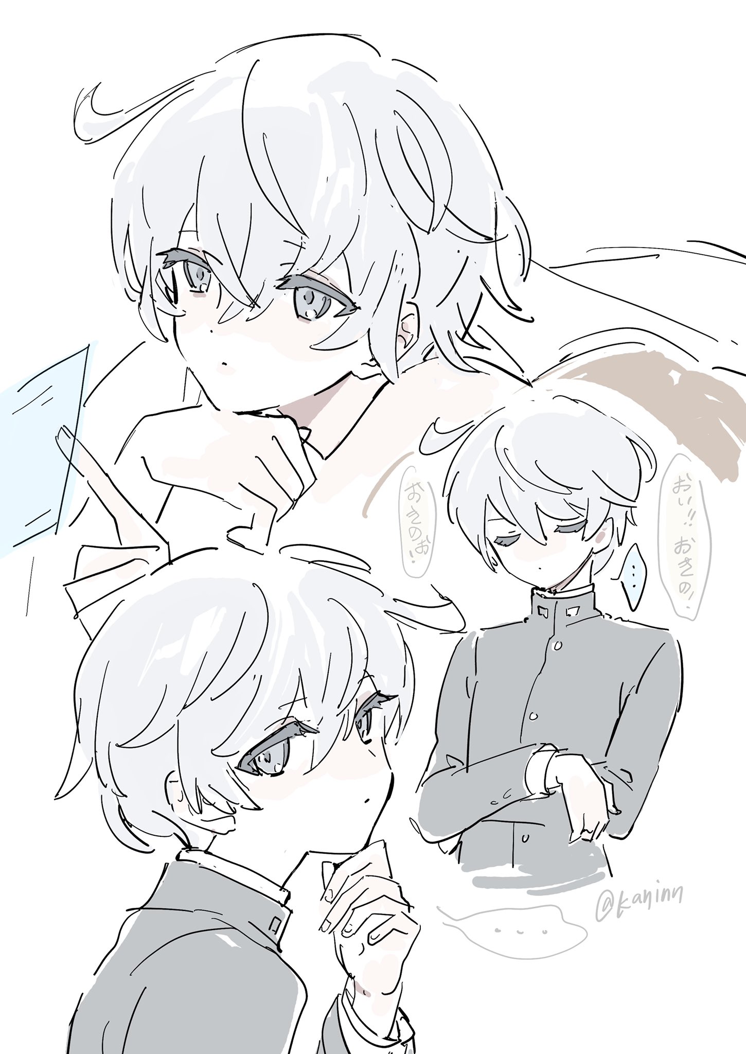 this is an anime drawing of three boys. two of them are wearing school uniforms and have white hair. one of the boys is thinking deeply and looks a little sad, while the other boy has a slightly worried expression. the third boy is looking at them and is also wearing a school uniform. they are all drawn in a simple, casual style. the boys look like friends and there is a sense of connection between them.  the artwork is done in black and white.