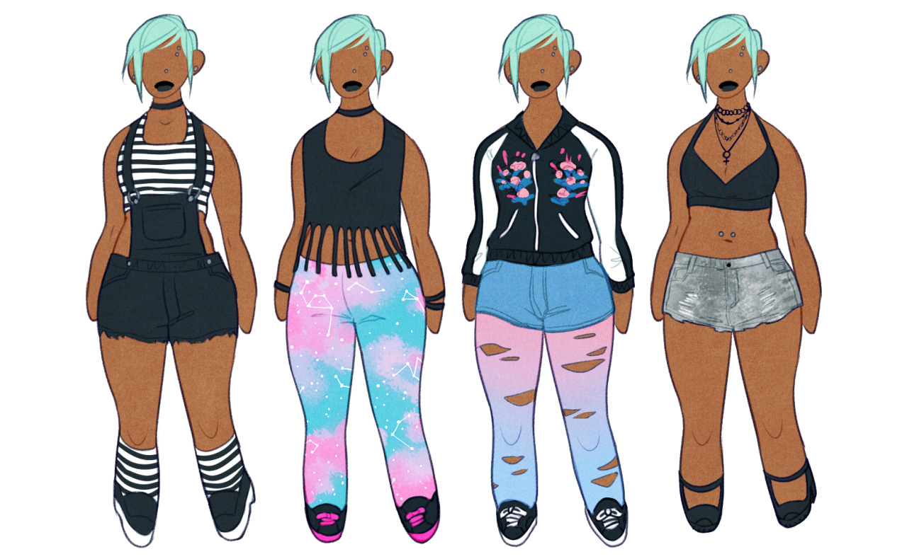 our different outfits displayed on a single femalepresenting individual with blue hair, a black lip, and gauges. all outfits feature different shoes, pants, shirt and accessories. the individual is standing straight and forward facing in all four versions.