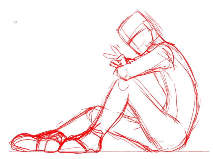 this is a sketch of a young male figure sitting with his arms wrapped around his knees. the drawing is done in red lines and looks like a digital illustration in the style of an anime or cartoon character. the lines are loose and unrefined, giving the drawing a casual and spontaneous feel.