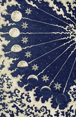 the image features a celestial illustration in navy blue and beige tones. it depicts the phases of the moon, arranged in a crescent shape, with each phase shown as a circle transitioning from full to new moon. sparkling stars are scattered throughout the dark blue background, and each moon phase has an adjacent star. thin, converging lines radiate outwards from the center, creating a sense of cosmic energy. the perimeter of the image is adorned with swirling, cloudlike patterns. the overall style is reminiscent of vintage astronomical art.