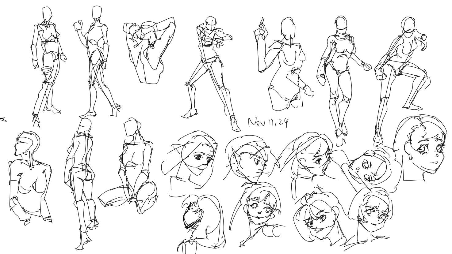 he image contains a collection of quick sketches, primarily of female figures in various poses.  the style is loose and expressive, focusing on gesture and movement rather than precise detail. many of the figures are stylized, resembling anime or manga characters, with exaggerated features and dynamic poses.  the sketches appear to be practice drawings, possibly studies of anatomy or character design.  there are also a number of head and face sketches exploring different facial expressions. the date "nov 11, 29" is written in the middle of the page, suggesting the date of creation. the overall style is energetic and expressive, emphasizing line and form over rendering.