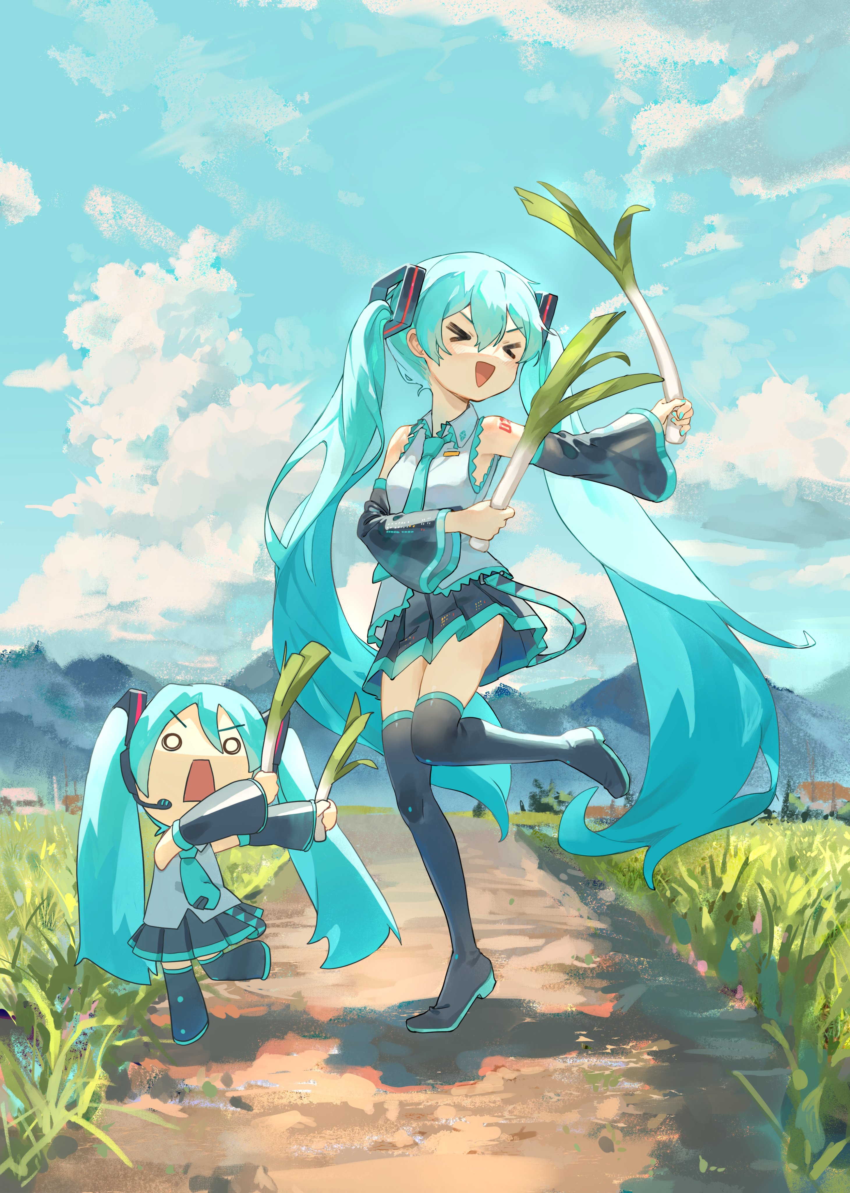 the image is a vibrant digital fanart depicting two versions of hatsune miku, the popular japanese vocaloid character.  a larger, more mature miku is joyfully striding down a rural path, holding two large leeks aloft.  a smaller, chibistyle miku follows closely behind, also carrying a leek.  the setting is a sunny countryside scene with lush green fields, rolling hills, and a bright blue sky with fluffy white clouds. both mikus are dressed in their signature outfits, their bright turquoise twintails flowing behind them. the overall style is cheerful and playful, with a bright and lively color palette.