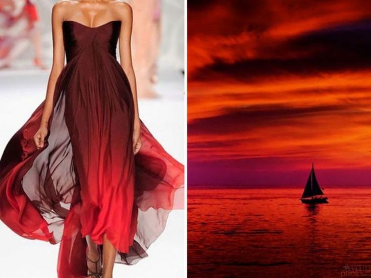 a woman in a red ombre dress walks on a runway. the dress is flowing and billowing behind her, and the sunset is a beautiful backdrop to the image. a small boat sails on the water in the background. the image is warm and inviting, and it captures the beauty of both fashion and nature.