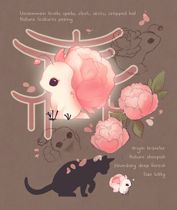 the image features an illustration of a cute animal with characteristics of a peony flower. the animal has uncommon traits like spots, a sleek body, socks, and a cropped tail. its nature is described as sheepish, and it originates from a deep forest. the image also mentions that it's a traveler and its size is bitty. there are peony flowers around the animal and some text describing its features and origin.