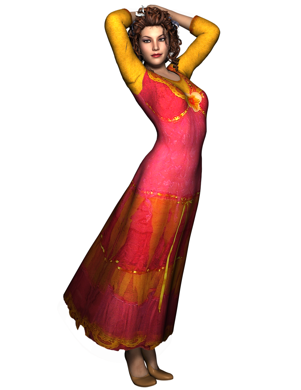 a digital rendering of a woman with brunette hair wearing a flowing red and pink dress with yellow accents and sleeves, posing against a black background. she has her hands behind her head and is wearing light brown shoes. the dress features a flower detail at the chest and has a layered skirt.