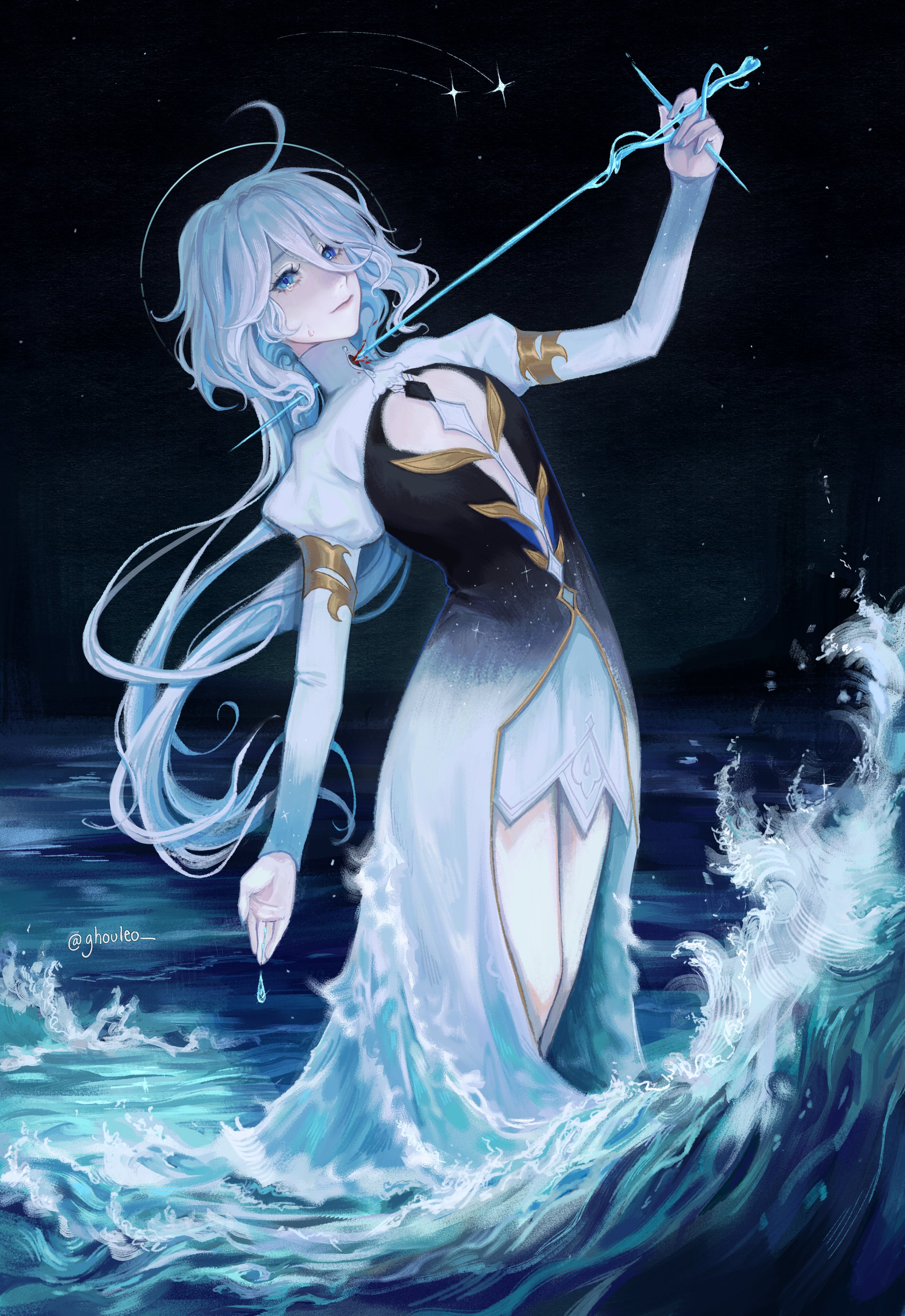 this image features an anime girl with long flowing white hair and blue eyes. she is wearing a white and gold dress that blends with the water around her. she is holding a blue glowing string in her hand, connected to a glowing needle. the girl stands in the ocean, and the waves appear to flow around her.  the image has a magical and fantasy vibe. the background is a starry night sky.  overall, this image is beautifully drawn and portrays an enchanting scene of a beautiful and magical woman.