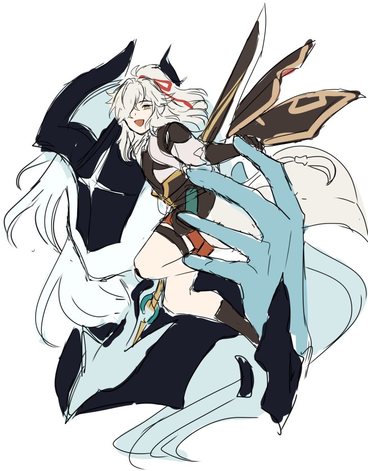 a drawing of a white haired anime girl with a sword. she is attacking another character with a giant blue hand. the drawing is done in black and white with some highlights in red and green.