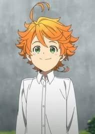 the image is a closeup portrait of emma, a main character from the anime and manga series the promised neverland. she is depicted as a young girl with bright orange, slightly spiky hair. she's wearing a longsleeved white buttonup shirt and has a cheerful, innocent expression. the background is a muted gray, drawing focus to emma. the style is consistent with the anime's art.