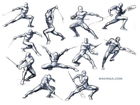the image shows a series of sketches of male figures in various dynamic poses, suggesting action and combat. the figures are all depicted with swords, spears, or other weapons, highlighting their athleticism and martial prowess. each pose is expertly rendered, capturing a sense of movement, balance, and power. the simplicity of the line art and the emphasis on form and structure create a visually striking and engaging image.