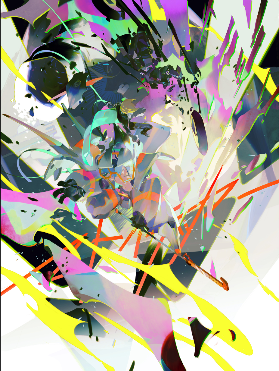 the image is a dynamic and abstract illustration featuring a single figure engaged in a highenergy action sequence. the character appears to be wielding a weapon, possibly a sword or spear, amidst a flurry of colorful, abstract shapes and lines. the color palette is vibrant, utilizing contrasting shades of green, pink, yellow, and black to create a sense of movement and intensity. the overall composition is chaotic yet controlled, drawing the viewer's eye to the central figure and emphasizing the dynamism of the scene.  the setting is ambiguous, potentially indoors or outdoors, further enhancing the abstract nature of the artwork.