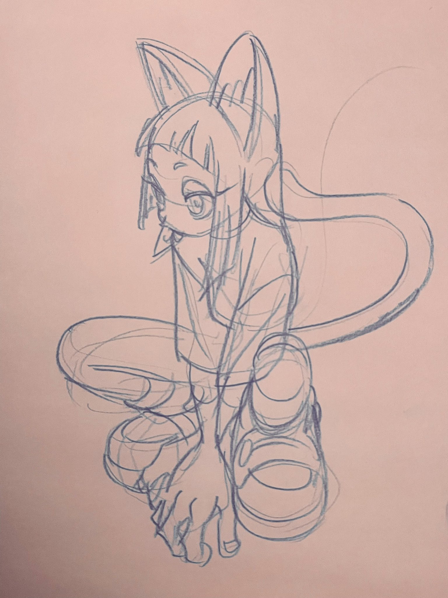 a quick, rough sketch of a catgirl character. she is crouched low to the ground with her hands on the floor, as if about to pounce. the style is reminiscent of anime or manga, with large eyes and stylized features.  the drawing is done in blue pencil on a light pink background.