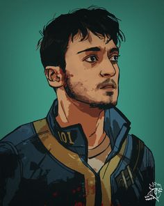 a stylized portrait of a man with short dark hair and a five o'clock shadow against a teal background. he is wearing a blue and yellow jacket with the number 101 on the collar, reminiscent of the vault suits from the fallout video game series. the style of the illustration is reminiscent of comic books.