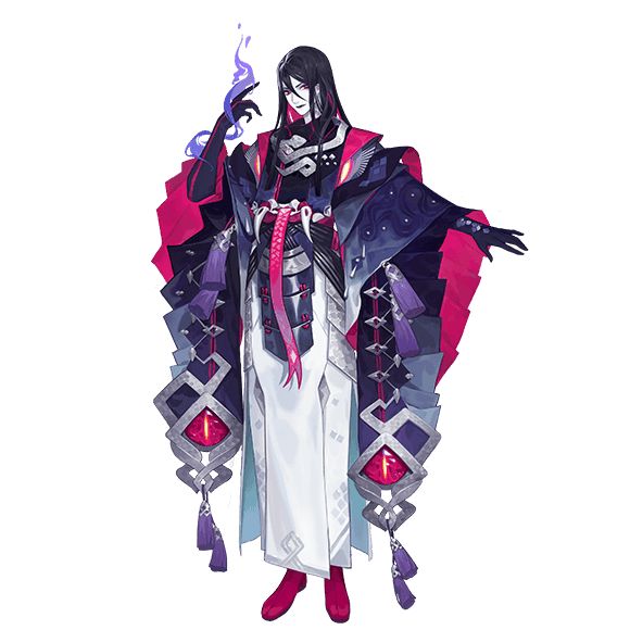 the image is a digital painting or illustration of an animestyle male character. he has long black hair and pale skin, and he is wearing an elaborate, ornate robe reminiscent of a kimono. the robe is primarily dark in color with shades of red and silver accents.  the character has a somewhat mysterious and elegant air.  purple, flamelike wisps emanate from one hand, suggesting magical abilities. the style is detailed and highly expressive. the background is plain white, making the character the focal point.