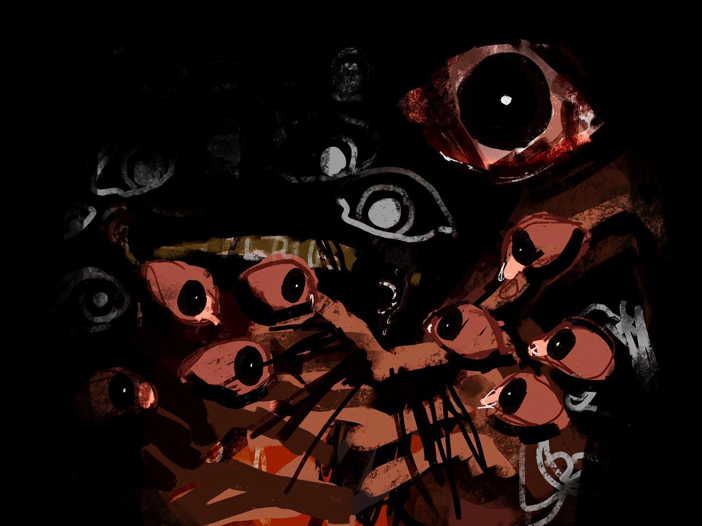 the image is a dark and unsettling abstract piece focusing on themes of body horror. multiple eyes, rendered in shades of red and brown, stare out from a chaotic mass of hands.  the lighting is dramatic, highlighting certain eyes and creating a sense of depth despite the overall darkness. the closeup perspective and distorted forms contribute to the artwork's claustrophobic and disturbing atmosphere.