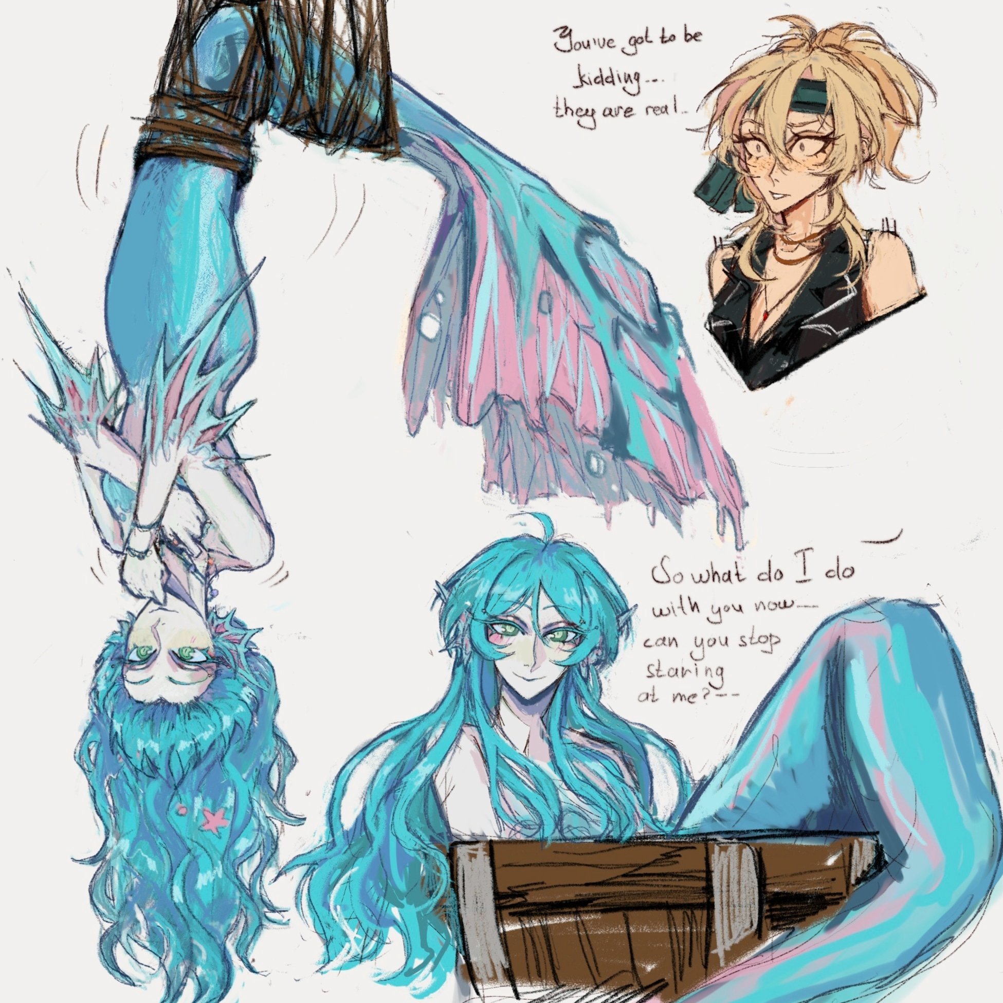 the image is a digital drawing or painting featuring multiple mermaids and a humanlike character. one mermaid is upside down and appears to be trapped in a net or rope. another mermaid with long teal hair sits near a wooden chest.  a third character, seemingly human, with blond hair and glasses, is seen in the top right corner, observing the mermaids.  the artwork is stylized, possibly anime or mangainspired, with a vibrant color palette of blues, pinks, and teals. the overall tone suggests a fantastical or magical setting. text bubbles with dialogue are included, indicating interaction and perhaps surprise at the mermaids' presence.