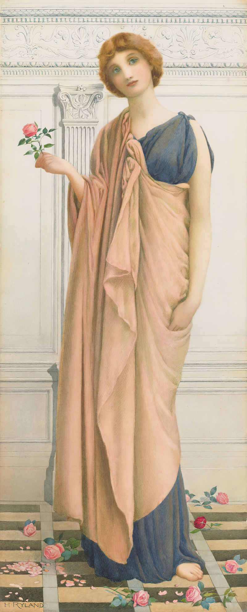this is a fulllength portrait painting of a woman in classical, ancient greek style attire. the woman has fair skin and reddishbrown hair and is wearing a blue tuniclike top and a draping peachcolored robe or shawl. she is standing in front of a lightcolored wall with classical architectural details such as a partial column and decorative molding. in her left hand, she holds a pink rose. her expression appears contemplative or slightly sad. the floor is made of alternating light and dark tiles, and several scattered pink roses and petals are visible on the ground. the painting is signed "h. ryland" in the bottom left corner.