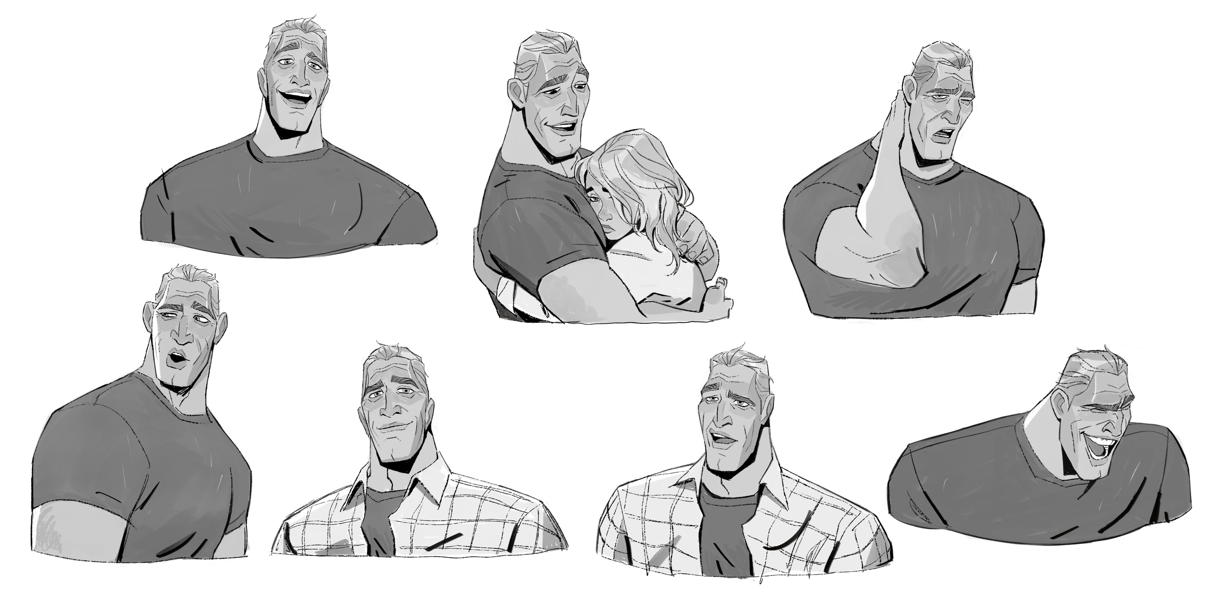 this is a drawing of a man in different emotions. he is shown in 7 different states, showing all sorts of different expressions, from happy and smiling, to sad and serious, to angry and surprised. the style of the drawing is cartoonish and exaggerated, and the man's facial expressions are very expressive. the image is a good example of how to create a character that is visually appealing and emotionally engaging.