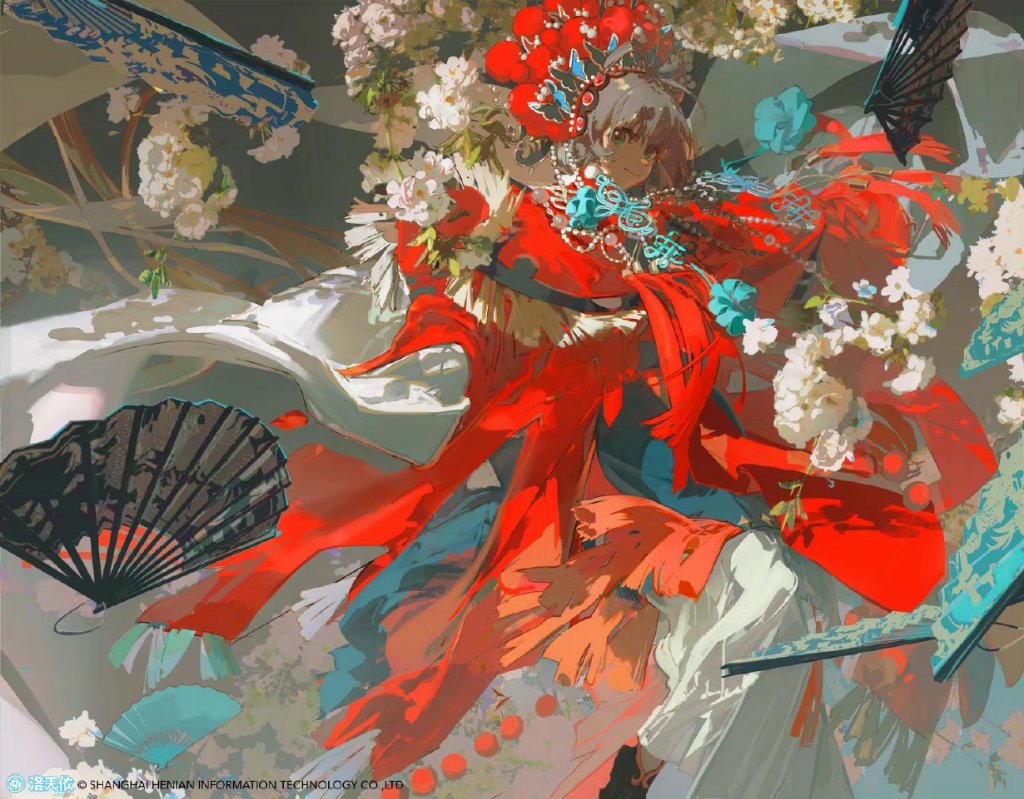 the image is a digital painting of an anime girl in a red dress surrounded by white flowers and fans. she has long white hair and is wearing a crown of red flowers. the background is a blur of colors and light, creating a dreamy and surreal atmosphere. the image is full of detail and texture, and the colors are bright and vibrant.