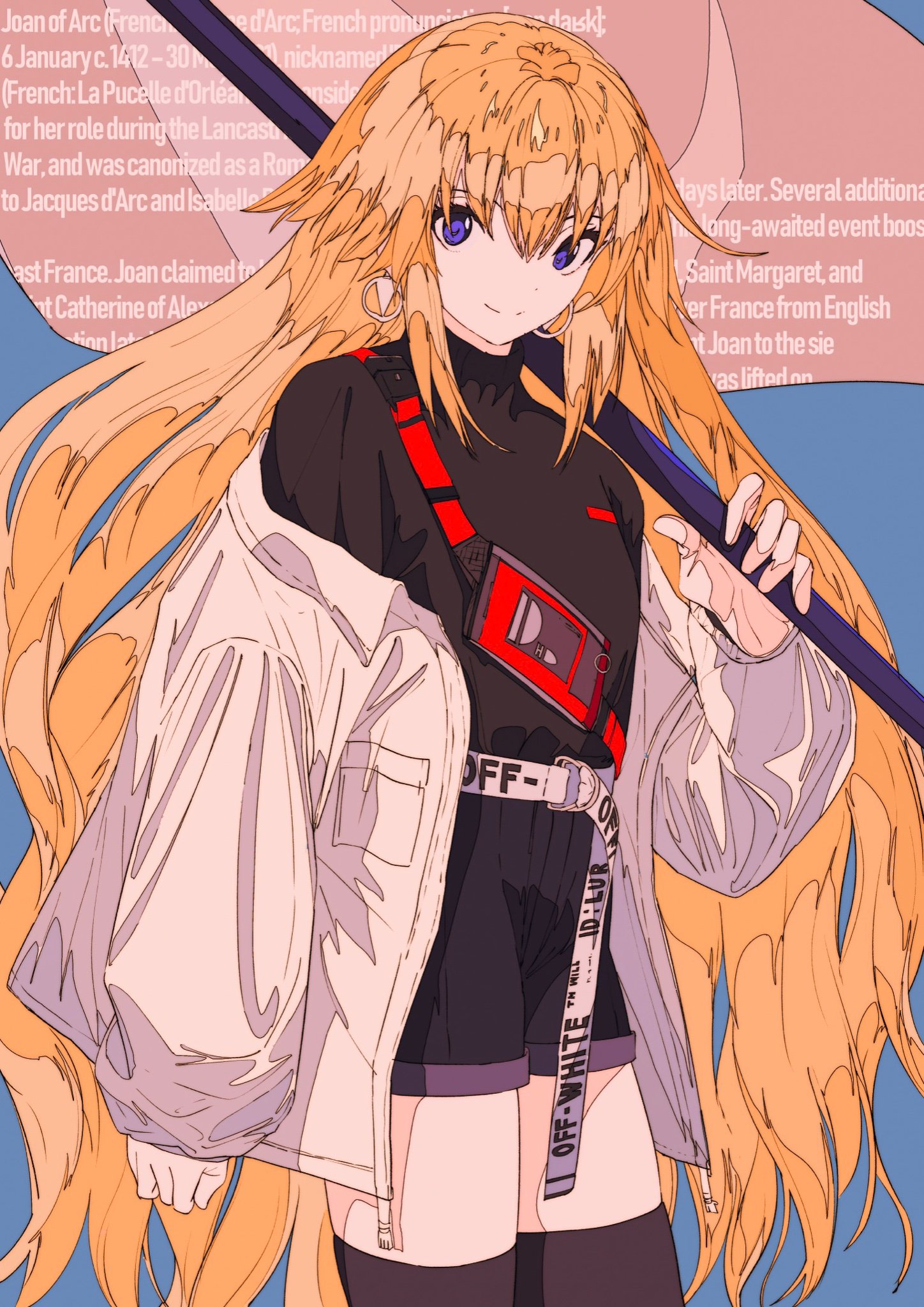 the image is a stylized digital fanart depicting joan of arc as a modern anime girl. she has long blonde hair, purple eyes, and is wearing streetwear clothing that includes a white jacket, black shorts, and an offwhite branded belt.  she holds what appears to be a staff or banner, possibly referencing her historical role. text overlay on the image provides historical information about joan of arc. the overall style is a blend of anime aesthetics and modern fashion, giving a unique and visually appealing presentation of the historical figure.