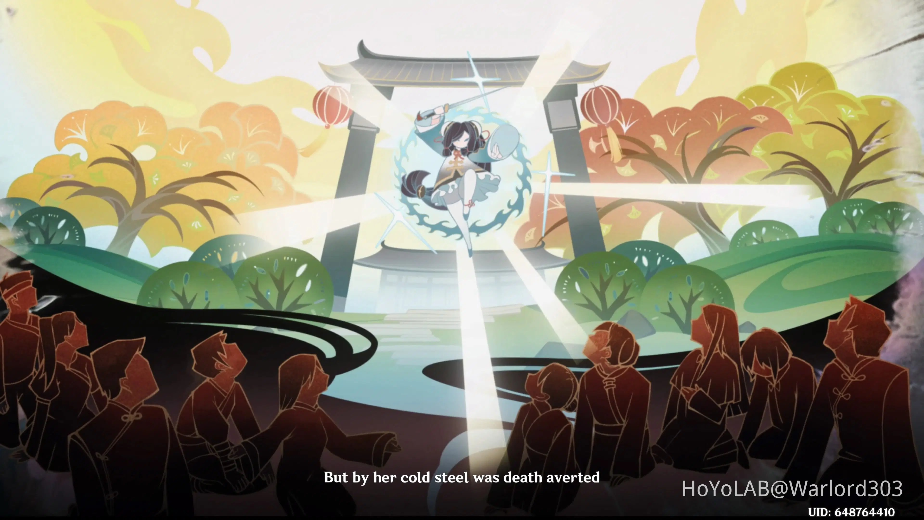 the image features a vibrant illustration of a girl in a traditional asian outfit wielding a sword, surrounded by a magical aura. she stands before a group of people in silhouette, showcasing a dynamic battle scene. the background depicts a beautiful forest with trees, flowers, and a traditional asianstyle gate, adding a mystical and enchanting feel. the use of bright colors and striking details creates a visually captivating and powerful narrative.