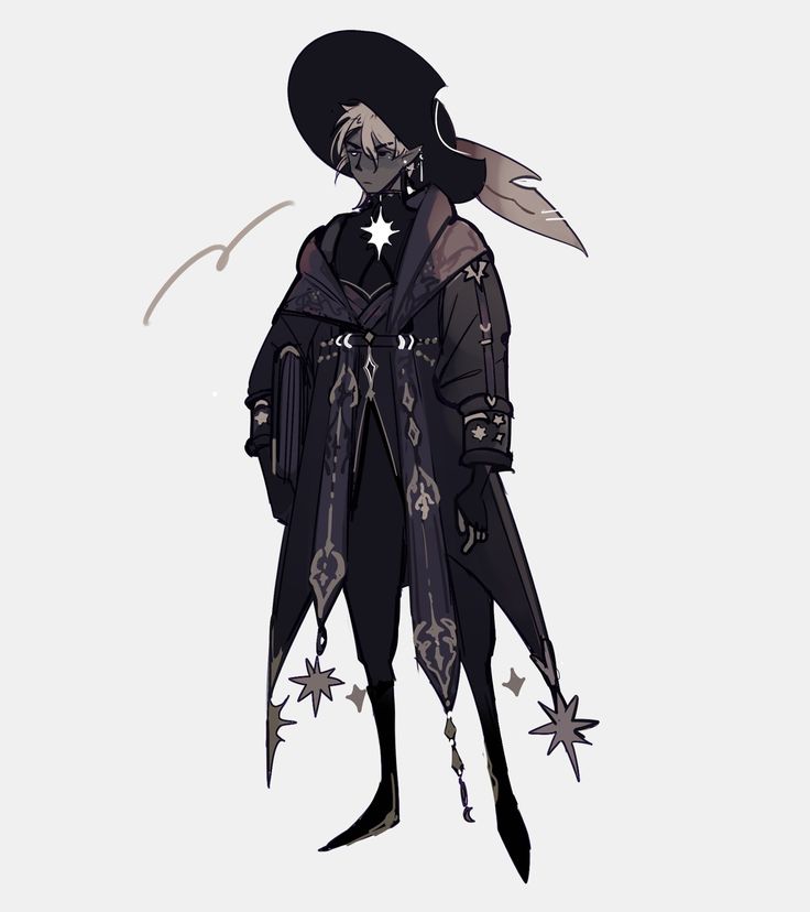 this is a digital illustration of a fantasy character. the character is wearing a long black robe with star and moon motifs, a pointed black hat with a feather, and has a dark star on their chest. the character has long, white hair, and a dark face.