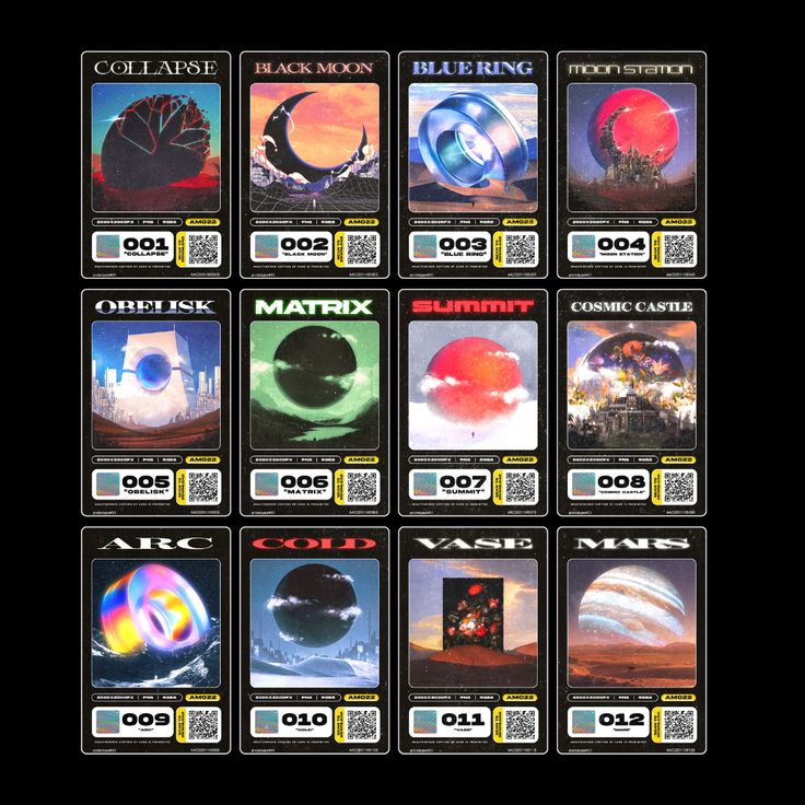 the image is a collage of twelve retrofuturisticthemed digital art cards. each card features a different cosmicinspired image and is labeled with a title such as "collapse", "black moon", "blue ring", "moon station", "obelisk", "matrix", "summit", "cosmic castle", "arc", "cold", "vase", and "mars". each card also includes a number, the title of the image in quotes, and a qr code. the overall style is reminiscent of vintage science fiction book covers with a modern twist.