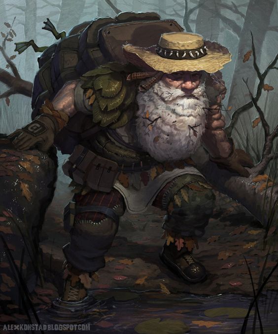 the image showcases a dwarf wading through a murky swamp. he is heavily laden with a large backpack adorned with bones and what appears to be a preserved frog. his attire suggests an experienced adventurer with worn leathers, a widebrimmed straw hat, and a determined expression. the environment is dark and atmospheric, with muted greens and browns dominating the scene.  the lighting is diffused, casting soft shadows and adding to the overall somber mood.