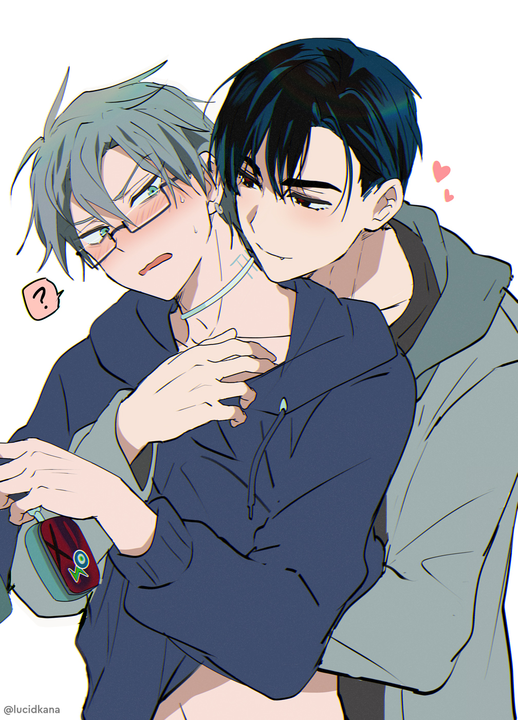 the image is a digital illustration of two anime boys hugging each other. the boy on the left is blushing and has a confused look on his face. the boy on the right is smiling and looks happy. they are both wearing casual clothing. there are two pink hearts in the top right corner of the image, which suggests that they are in a romantic relationship. the overall mood of the image is sweet and romantic.