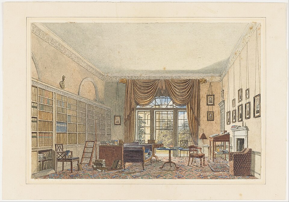 this is a watercolor painting of a room, likely a library, rendered in a classical and elegant style. the room features a large bookcase filled with books that spans the length of one wall, topped by a classical bust and framed by an arched alcove. a tall window draped with elaborate curtains dominates another wall, offering a view of a garden. various pieces of furniture, including chairs, tables, and a desk, are scattered throughout the room. the floor is covered with an intricately patterned carpet. on the right side of the room, there is a fireplace and several framed artworks hanging on the wall. the style and details suggest a historical setting. the artwork captures the essence of interior design from a bygone era, with an emphasis on elegance, order, and comfort.