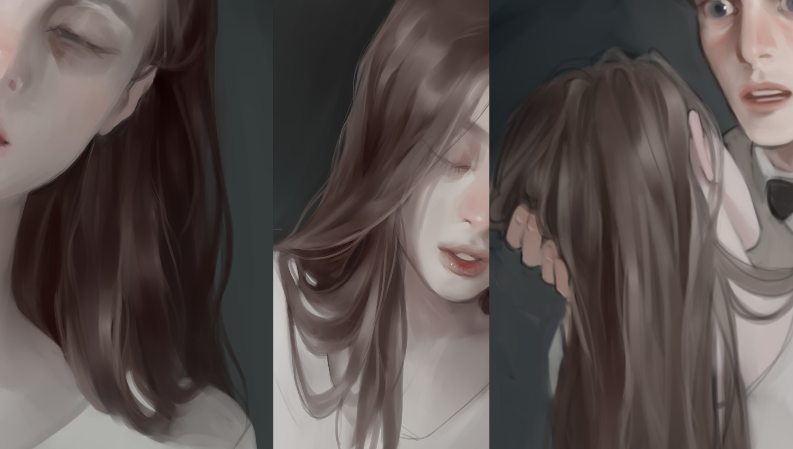 a triptych of digital art illustrations featuring a woman with long, flowing brown hair. the first two panels show the woman's face in profile, her eyes closed and a serene expression on her face. the third panel shows a man's hand gently holding the woman's hair, suggesting a tender and intimate moment between them.