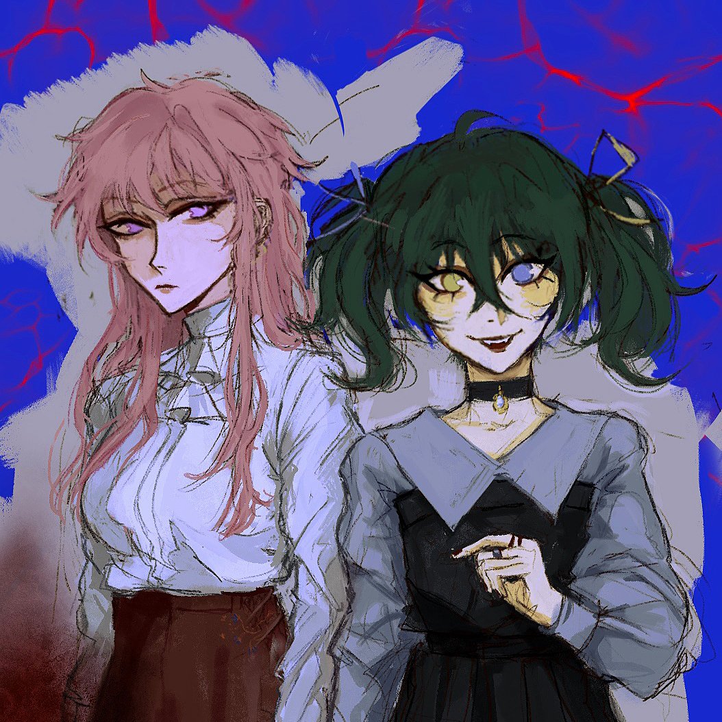the image depicts a digital painting or illustration in an anime style.  it features two young women, standing sidebyside. the woman on the left has long, light pink hair and is dressed in a lightcolored, collared shirt and a maroon skirt. the woman on the right has dark green hair styled in pigtails and is wearing a darkcolored dress with a lighter gray collar, and a choker necklace.  her eyes display heterochromia (different colored irises). both girls have pale skin and expressive features. the background is an abstract wash of dark blue with streaks of red, giving a somewhat moody or dramatic atmosphere. the art style is stylized and somewhat sketchy, with visible brushstrokes.