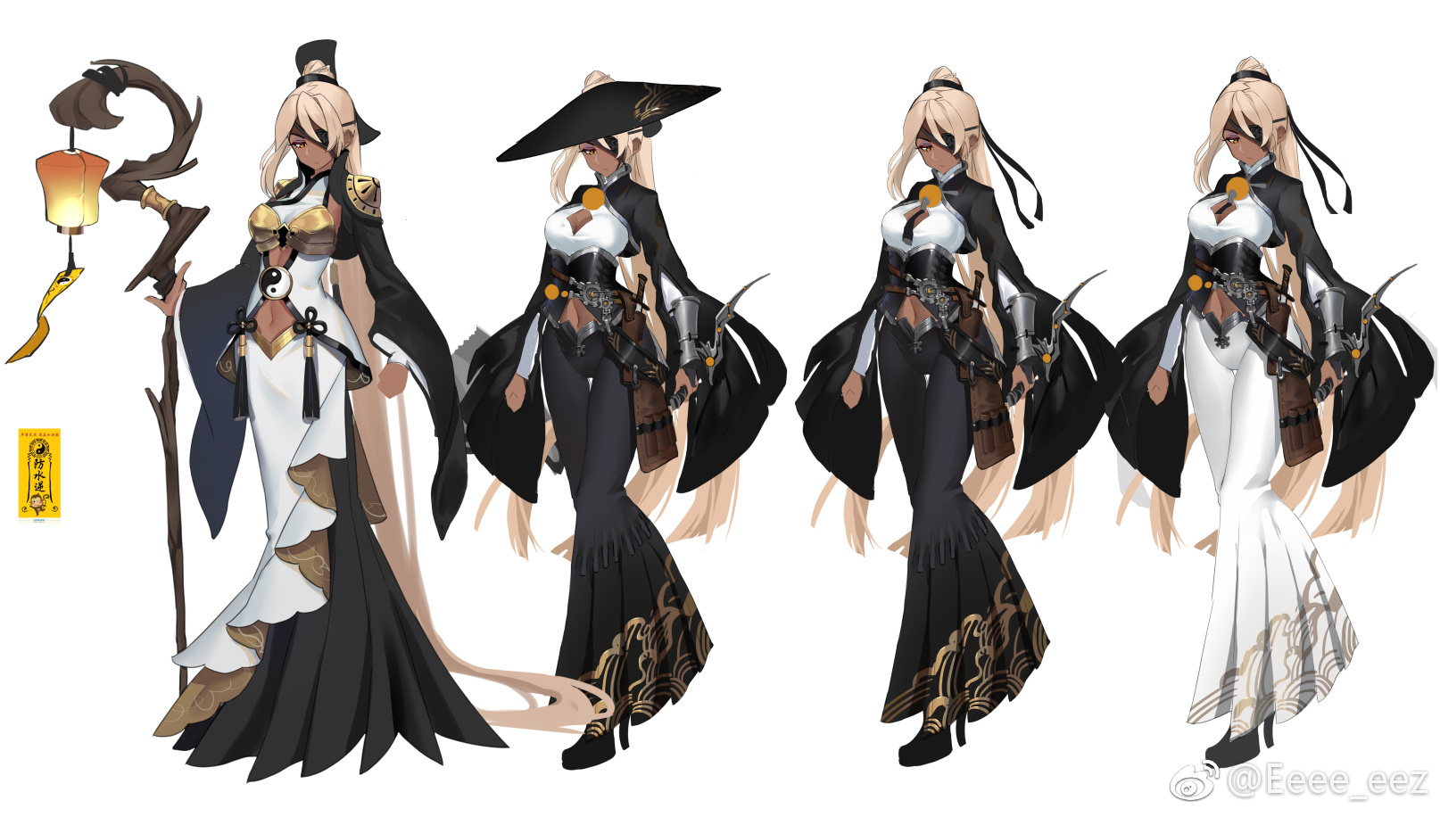 the illustration features a beautiful animestyle woman with long blonde hair, dressed in a unique and elaborate outfit. her attire combines elements of black, white, and gold, creating a striking visual contrast. she holds a staff and sword in her hands, hinting at a mystical and perhaps adventurous nature. the artwork suggests a fantasy or magical setting, with the character appearing strong and confident. the detailed design and vibrant colors contribute to the overall captivating and visually appealing nature of the illustration.