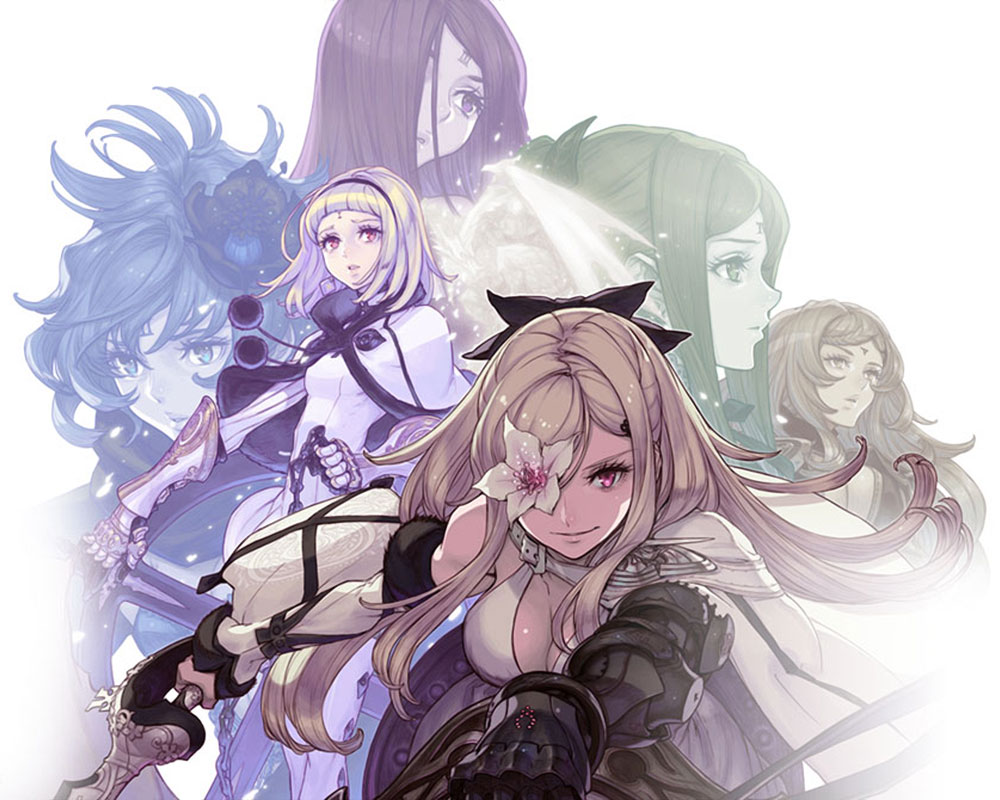 the image showcases a group of five young women, rendered in a style reminiscent of anime or manga. they appear to be warriors or adventurers, each wielding a distinct weapon, suggesting diverse combat styles. the central figure, with long blonde hair and a white flower over one eye, commands attention with a confident, almost mischievous expression. surrounding her are companions with equally striking appearances: a bluehaired girl wielding a sword, a sternlooking woman with long dark hair, a greenhaired girl with a gentle expression, and a brownhaired girl with a more vulnerable demeanor. the background remains abstract, rendered in soft, ethereal hues that emphasize the characters. the overall composition exudes a sense of strength, camaraderie, and a hint of mystery.