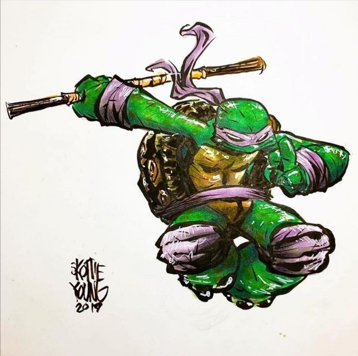 a handdrawn illustration of donatello, one of the teenage mutant ninja turtles, in a fighting pose with his sais in hand. he is drawn in a comic book style with bold lines and vibrant colors, showcasing his green skin, purple mask, and brown shell.