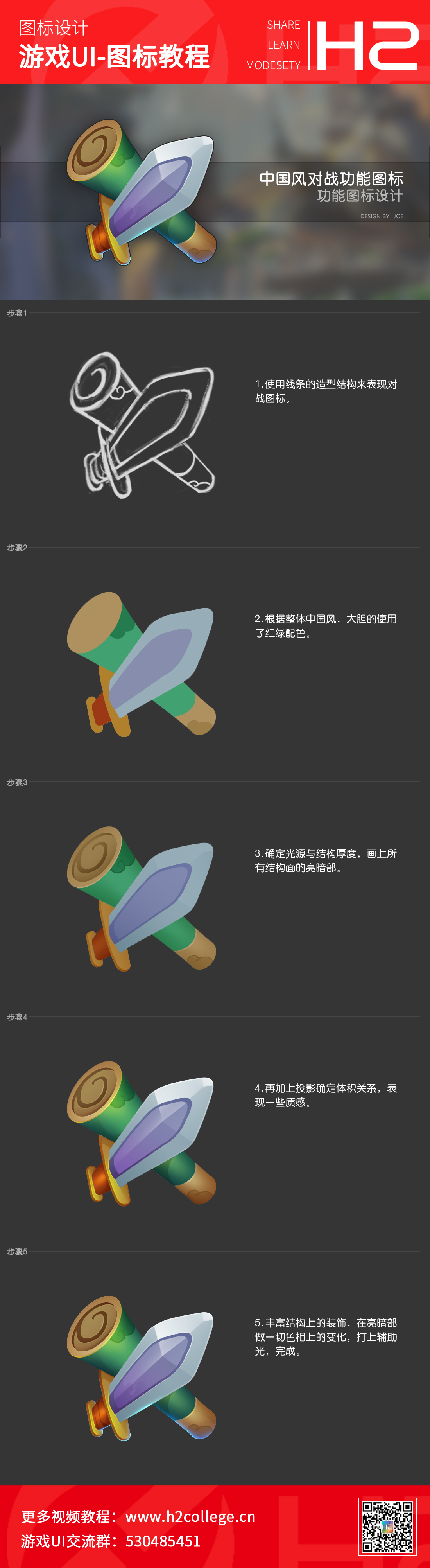 this image is a tutorial for designing game icons in a chinese style. the tutorial shows stepbystep how to create a game icon for a weapon. the first image shows the finished icon and the remaining steps outline the process of creating the icon. the text at the top of the image indicates that this tutorial is about game ui icons. the text at the bottom of the image provides contact information for the creator of this tutorial.