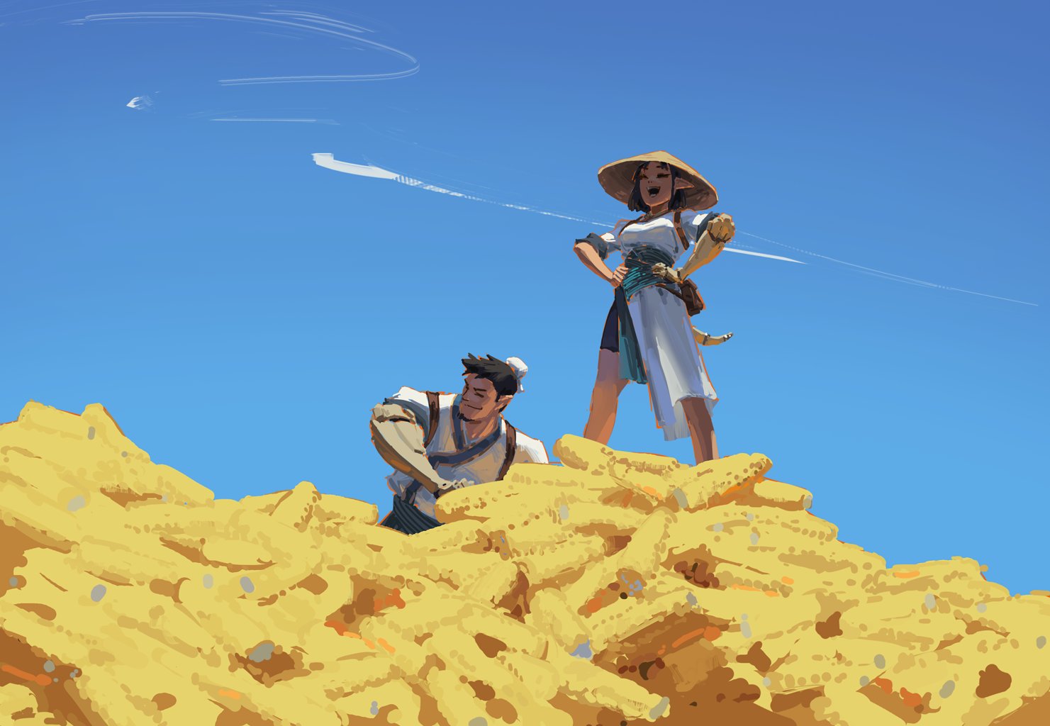 the illustration depicts a man and a woman standing atop a massive pile of corn on the cob. the man is bent over, seemingly inspecting the corn, while the woman stands tall and proud, wearing a traditional asianstyle conical hat and loose clothing.  the scene is set against a bright blue sky, suggesting a successful harvest. the overall style is painterly and illustrative, with a focus on the abundant quantity of corn and the contrasting postures of the two figures. the color palette is dominated by yellows and blues, creating a cheerful and vibrant mood.