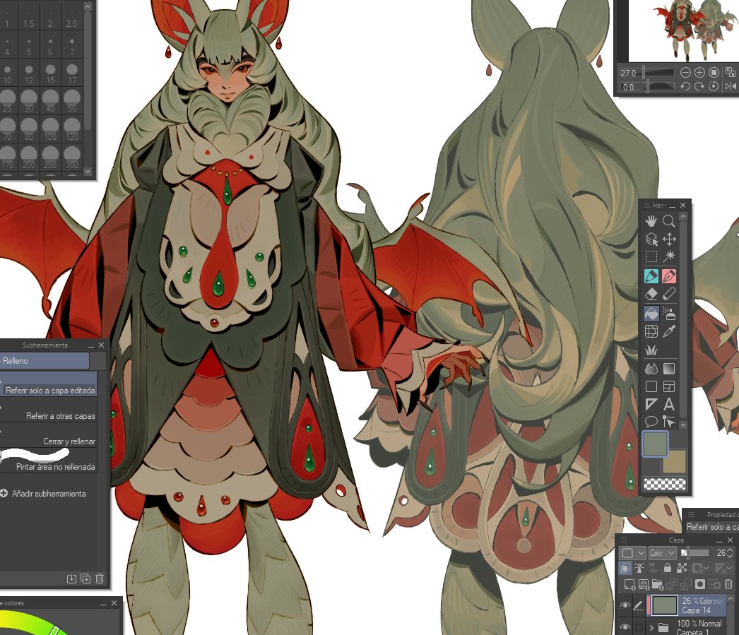 he image shows a digital painting in progress of a fantasy character. the character appears to be a female with batlike wings and long, flowing hair. she is wearing an elaborate outfit with shades of red and green. two views of the character are shown, one from the front and another from the back.  the image also displays a portion of the artist's digital painting interface, including layers, color palettes, and tools, indicating it is a workinprogress screenshot.  the style is painterly and detailed. the overall mood is mystical and enchanting.