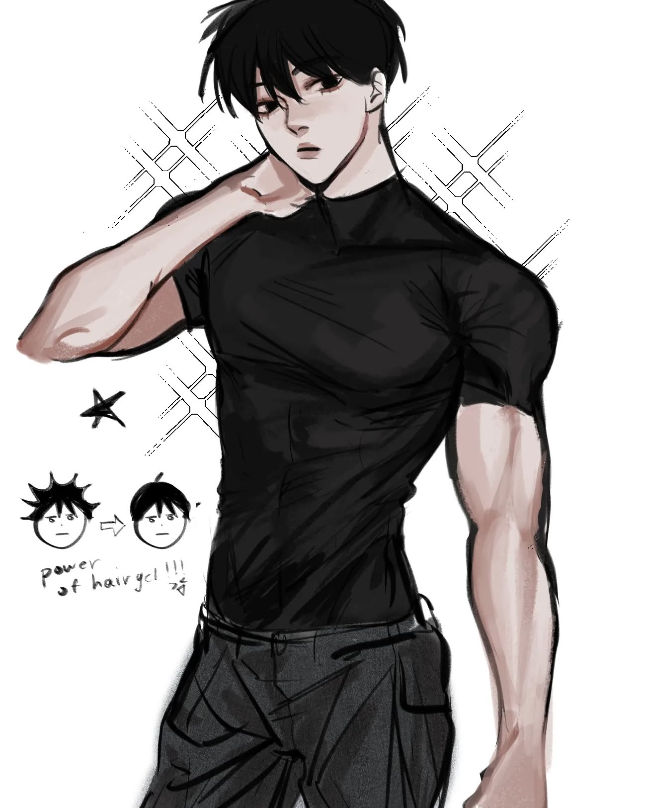 the image is a stylized digital drawing or fanart of a young man.  he has dark hair, styled neatly, and is wearing a black, closefitting, shortsleeved shirt and dark grey pants. his physique is muscular and welldefined. he has a somewhat serious expression. one arm is casually draped around his neck, and the other hangs at his side.  a small inset sketch shows two variations of his hair to illustrate the "power of hair gel". the background is a minimalist sketch of intersecting lines. the overall style leans towards a blend of anime and manga aesthetics with a more painterly, less overtly detailed approach.
