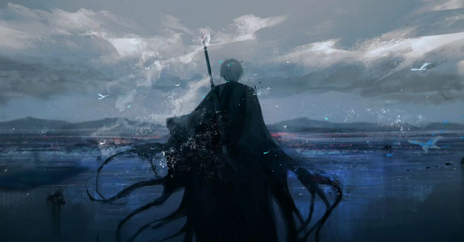 a digital painting of a mysterious character in a black cloak standing on a shore, holding a staff, with the sea and sky in the background.