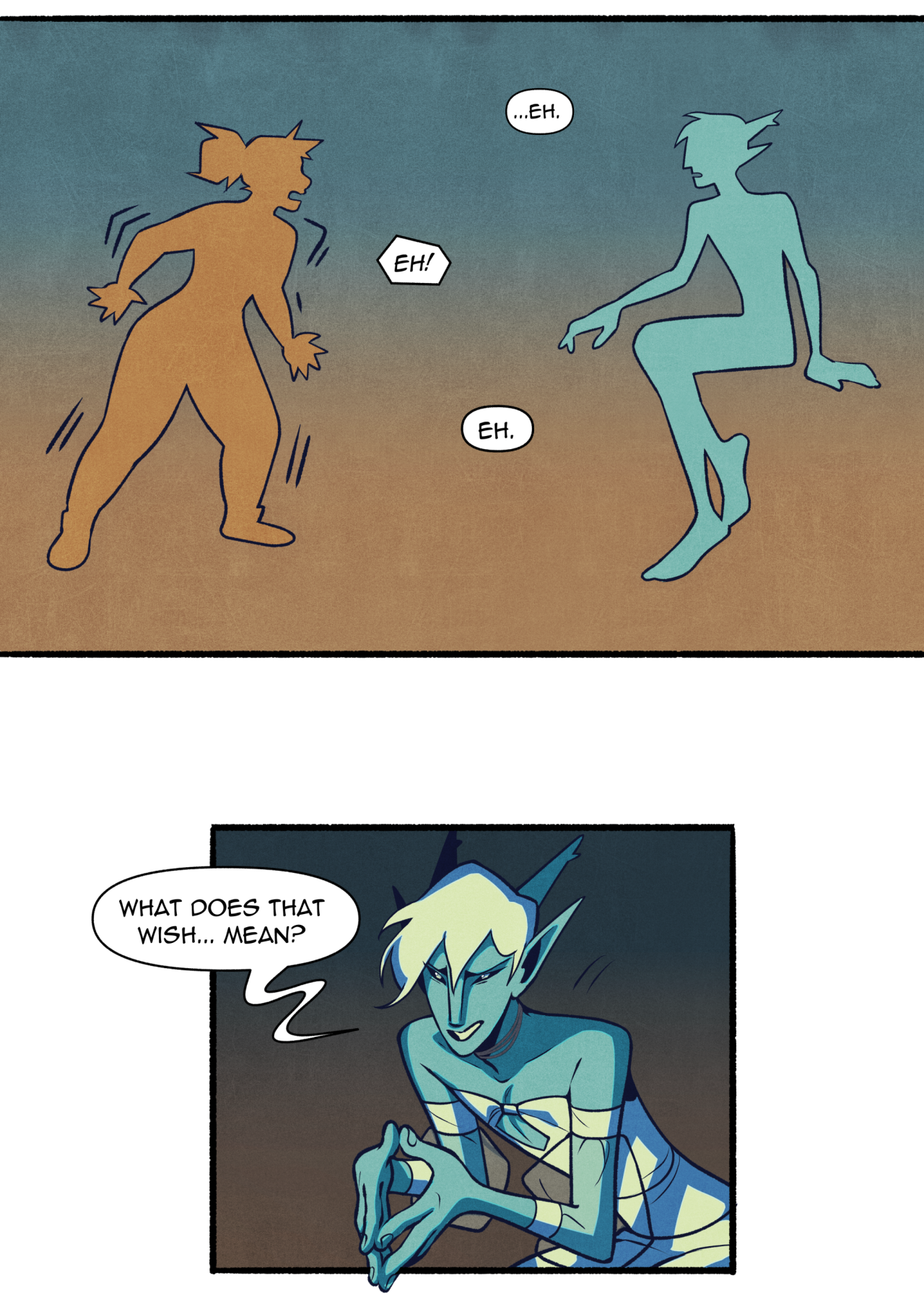 the image consists of two comic panels. the top panel depicts three elves, two of them are colored orange and blue, while the third one is only partially visible in the second panel. the orange elf appears to be gesturing with confusion and saying "eh!", while the blue elf sits calmly and also responds with "eh." in the bottom panel, the third elf, who has light blue skin and white hair, appears deep in thought, contorting their fingers and wondering, "what does that wish... mean?". the background in both panels is a simple, flat color.