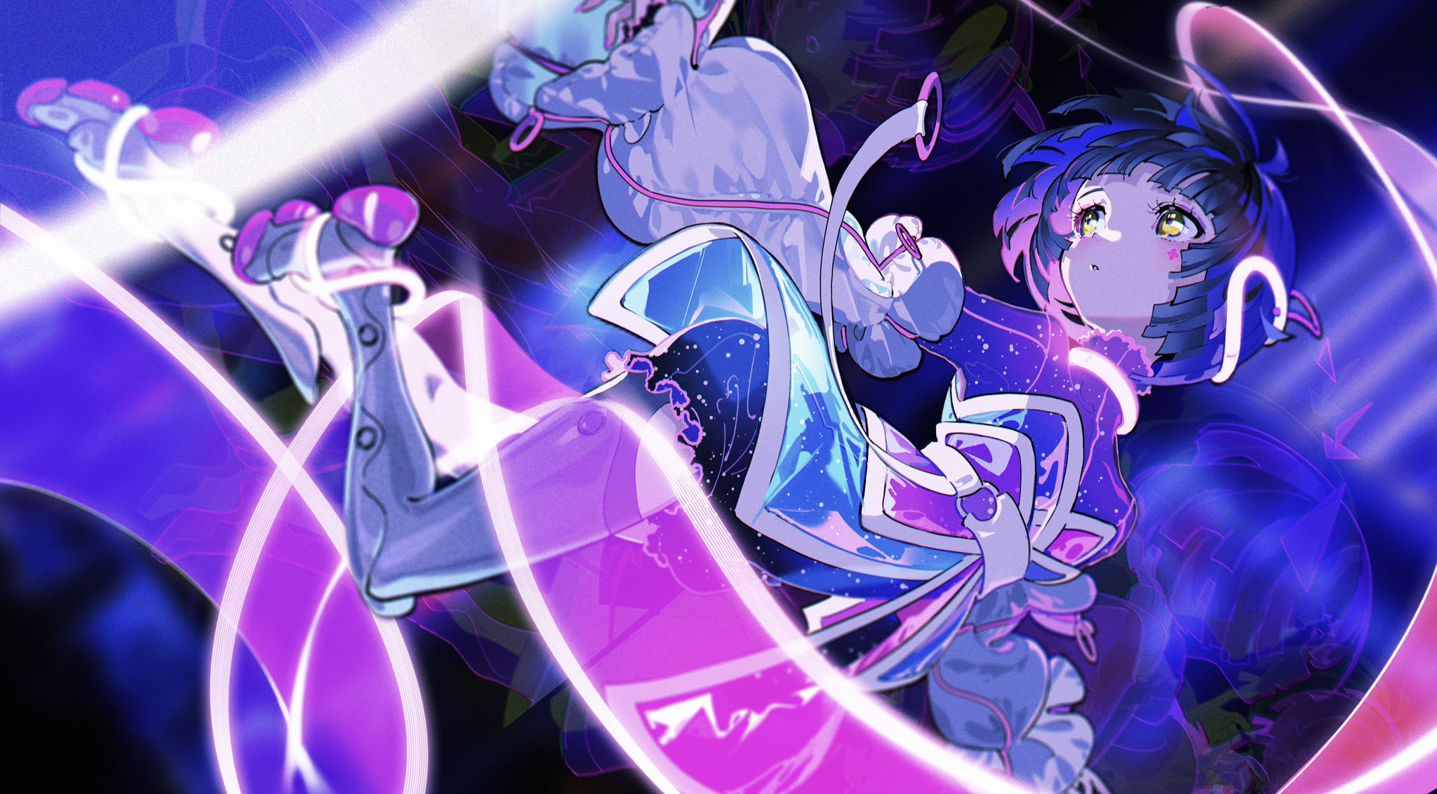 a vibrant anime girl with blue hair is suspended in the air, her dress shimmering with white and purple. she is surrounded by glowing, abstract lines that create a sense of motion and energy. the overall style is bright, colorful, and futuristic, giving the image a magical and fantastical feel.