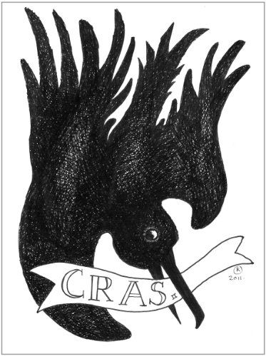a black bird illustration with its beak holding a ribbon with the word "cras" written on it. the drawing is done in a somewhat sketchy style.