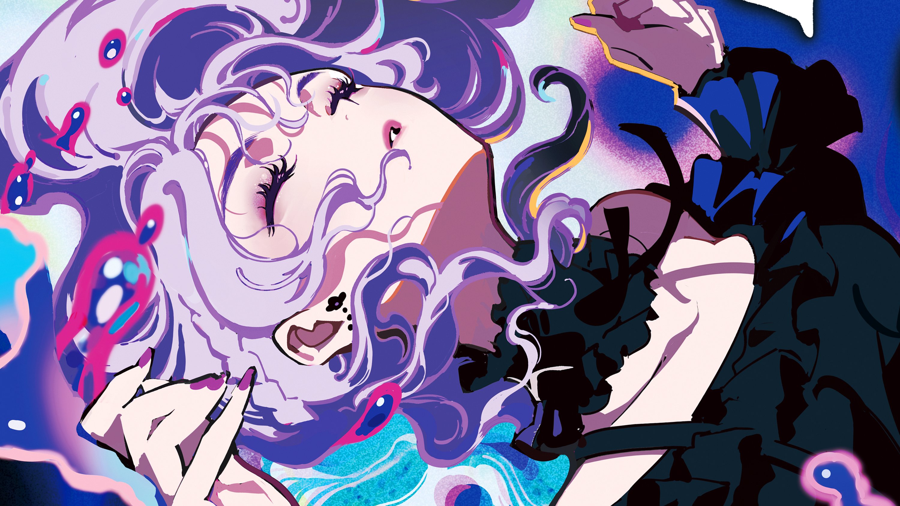 the image showcases a stylized drawing of a young woman with flowing purple hair. she is wearing a black dress with a ruffled collar and her eyes are closed as if in a dreamlike state. surrounding her are abstract swirls of vibrant colors, primarily shades of purple, blue, and pink, creating a sense of movement and ethereal beauty.