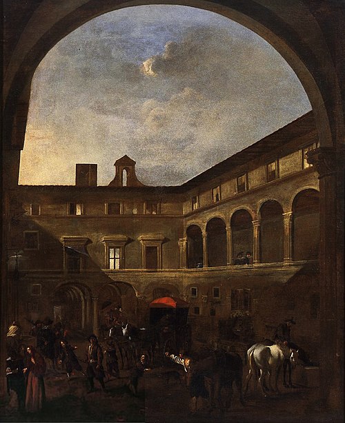 the painting depicts a courtyard scene with elaborate renaissance architecture and a bustling atmosphere. an arched entryway frames the view, showcasing a courtyard filled with people, horses, and a carriage. the architecture includes ornate buildings with arches and windows. the sky is visible above the buildings with clouds. shadows and light play across the scene, creating depth and contrast. the painting style is reminiscent of 18thcentury art.