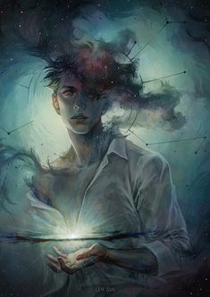 the image depicts a man with a galaxy swirling inside his head. his expression is serene and introspective, with stars and nebulae reflected in his eyes. he is surrounded by ethereal light, giving the impression that he is connected to the cosmos. the overall mood is dreamlike and surreal, emphasizing the vastness and mystery of the universe.