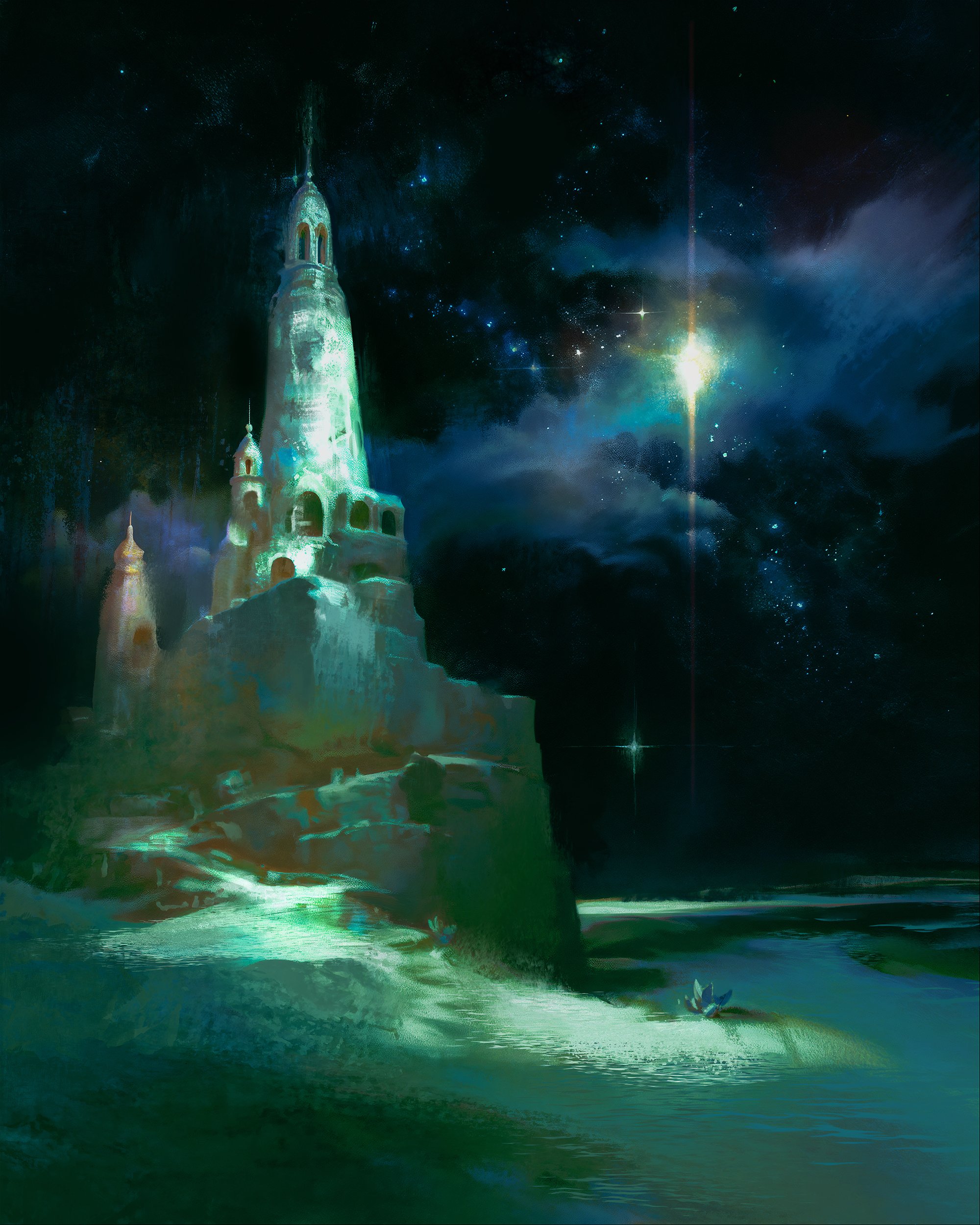 he image is a digital painting depicting a fantasy scene.  a tall, lightcolored castle, appearing almost to be carved from rock or ice, stands on a cliff overlooking a snowcovered or icy landscape. the night sky is filled with stars, and a bright star or celestial body shines intensely in the distance, casting a luminous beam towards the castle. the overall atmosphere is mystical, peaceful, and slightly otherworldly, with a cool, ethereal color palette dominating the scene. the castle's architecture suggests an ancient or forgotten civilization. the scene conveys a sense of isolation and magical tranquility.